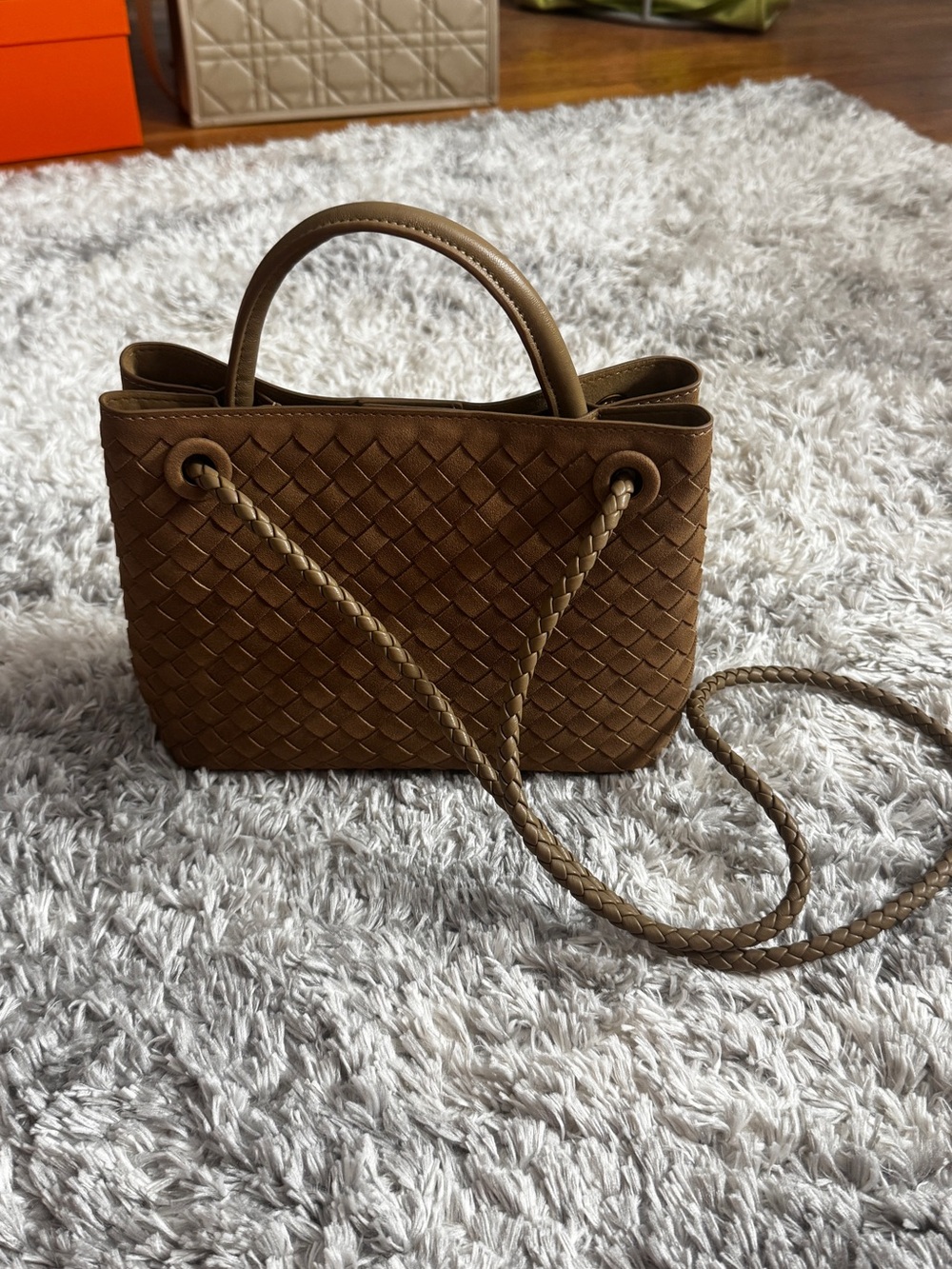 Woven Leather Top-Handle Tote in taupe - Picture 2 of 3